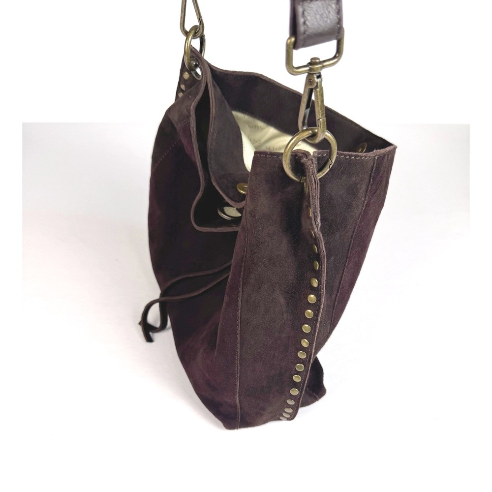 Harbour 2Nd Crossbody Chocolate Brown Suede Leather Brass Tone Studded Hobo Bag - Picture 15 of 16